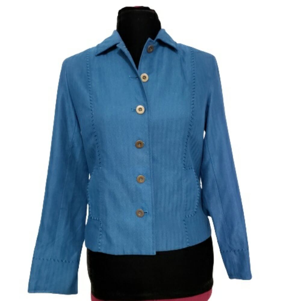 Coldwater Creek Blue Herringbone Button Front Pocket Blazer Size 6